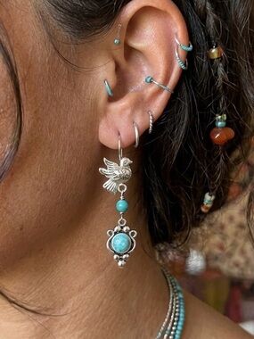 Vintage Mexico 925 Sterling Silver Turquoise Bird Dangle Earrings